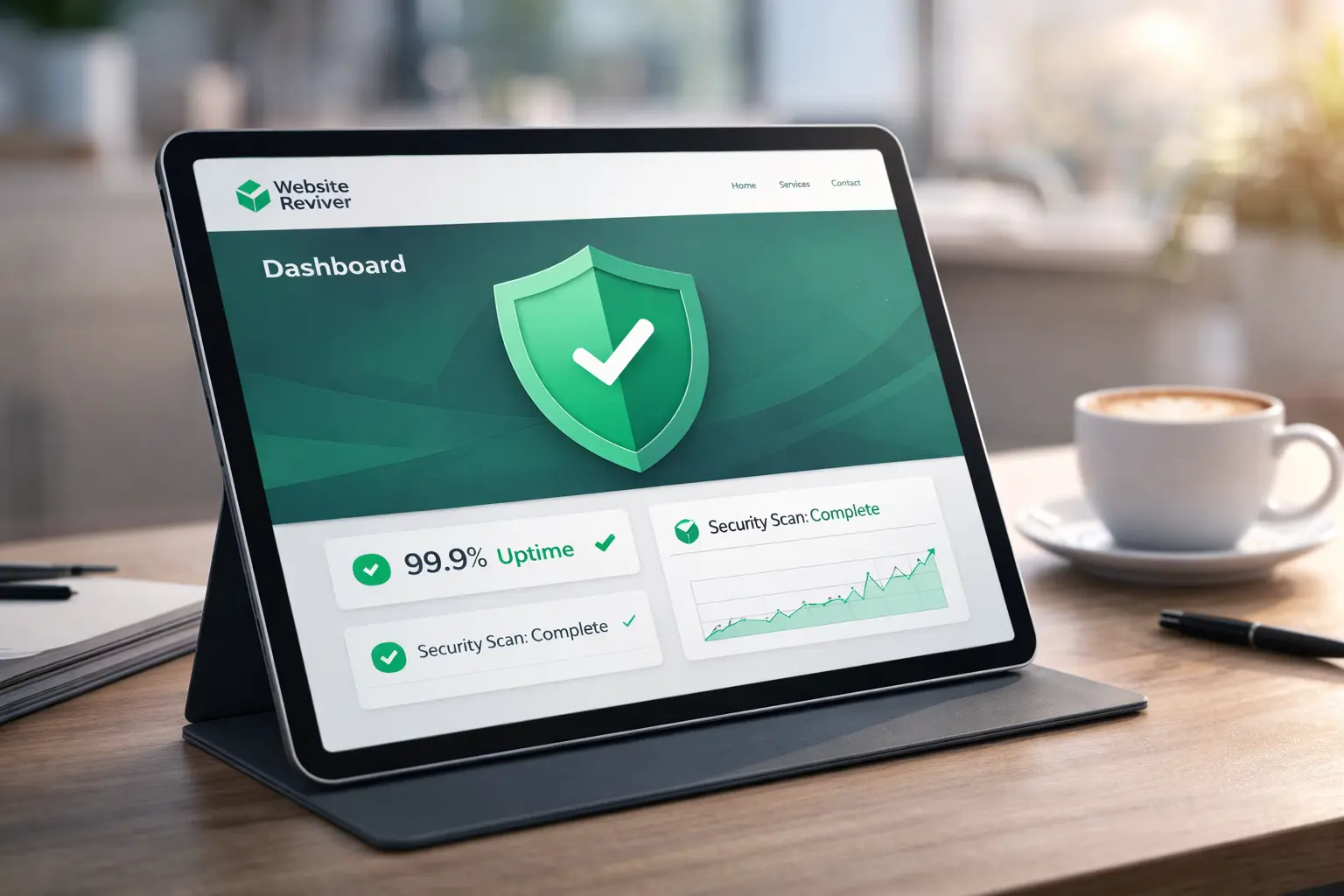 Townsville web design security dashboard showing website restoration uptime and maintenance status.
