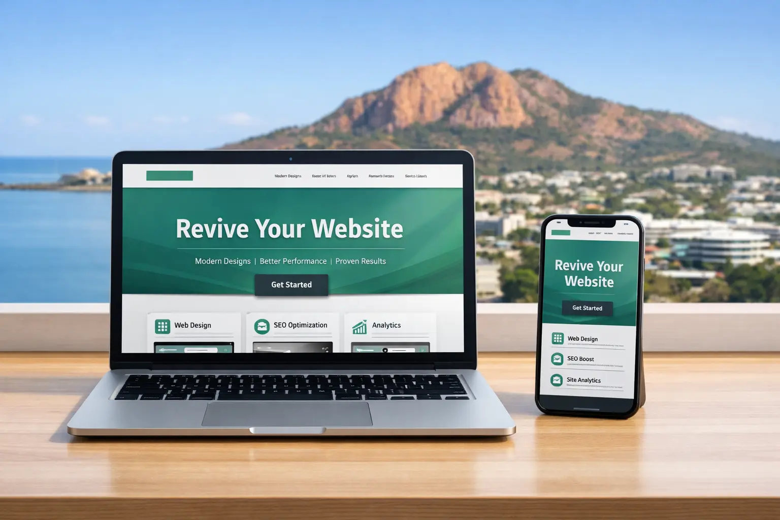 Townsville web design example — modern laptop and smartphone showing a revived website restoration.
